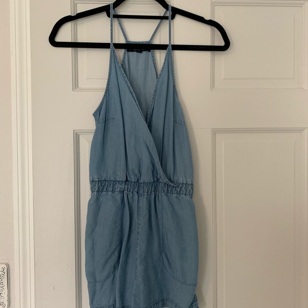 Top shop racer back denim romper with pockets